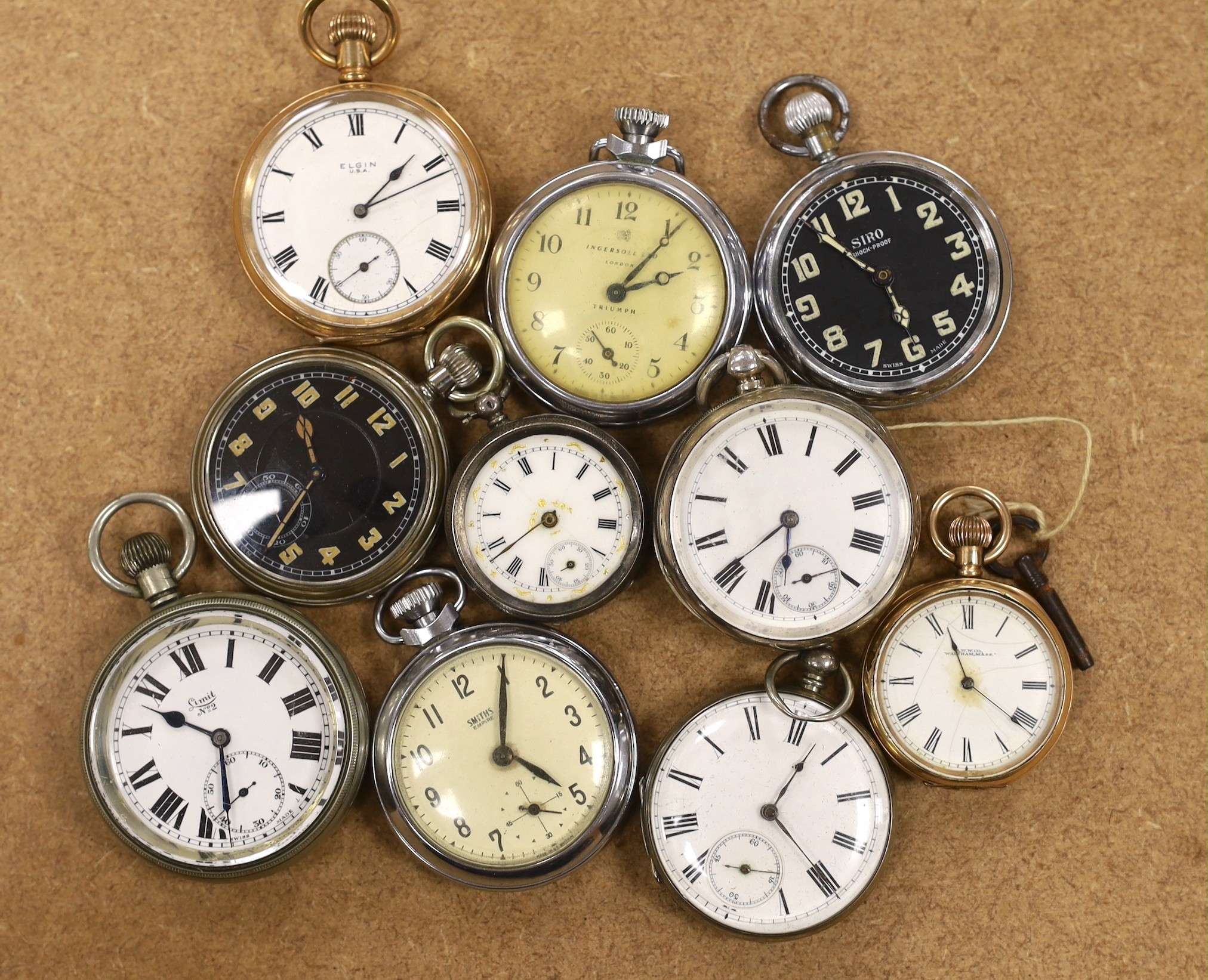 A late Victorian silver pocket watch, two other silver pocket watches and seven other pocket watches.